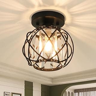 Luminária de teto circular com cúpula de vidro e estrutura metálica marrom