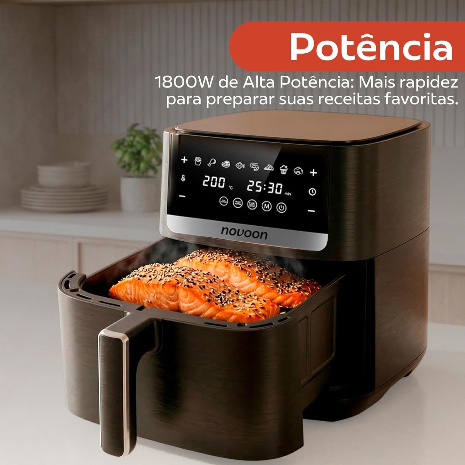 Air Fryer Novaon RA861D 8L preta com 1800W de potência e alta capacidade.