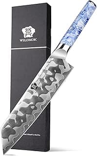 Faca de chef japonesa WILDMOK, cabo azul e branco, lâmina camuflada, 21,6 cm