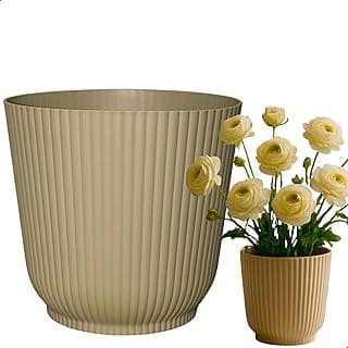 Cachepot Talin Cinza 1,5L com flores amarelas, vaso decorativo elegante para plantas, polipropileno resistente, textura em relevo.