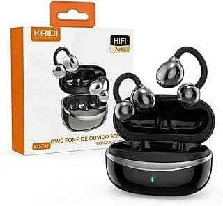 Fone de ouvido aberto clip bluetooth 6.0 tipo presilha sem fio TWS, fone sem fio com design aberto e clip de orelha, preto, caixa com logo KRIDI e texto HIFI Audio