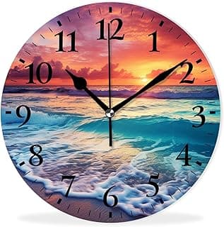 Relógio de parede decorativo com fundo de praia ao pôr do sol, números 1 a 12, azul e laranja.
