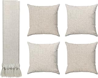 Kit Manta Para Sofá Jacquard Linho Cru Natural + 4 Capas De Almofadas 45x45 Decoração Sala Luxo