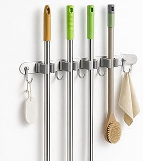 Suporte de parede aço inox com 4 clipes e 5 ganchos para vassouras e rodos