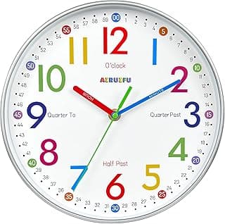 Relógio de parede branco AIRUIFU para crianças com números coloridos e ponteiros