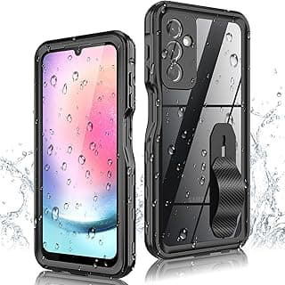 Capa protetora preta para celular Samsung Galaxy A24 4G, à prova d'água, à prova de poeira e choques, com suporte de anel e protetor de tela integrado.