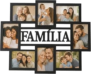 Painel de fotos em formato cruzado preto para montagem na parede com oito fotos 10x15.