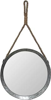 Espelho redondo de metal galvanizado rústico com corda para pendurar, ideal para decoração de casas de fazenda.