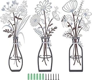 Três vasos decorativos de metal com flores minimalistas para decoração de parede