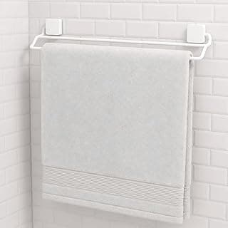 Suporte para toalha de banho duplo adesivo branco com toalha pendurada
