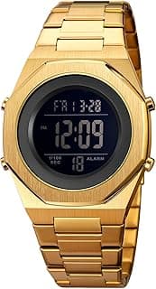 Relógio digital masculino em aço inoxidável dourado com mostrador preto