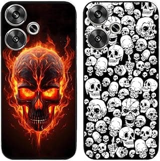 Capa traseira de telefone com design de crânio em chamas e fundo preto com múltiplos cranios brancos