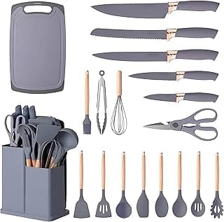 Kit de Utensílios de Cozinha Jácotei Premium Silicone e Cabo de Madeira 19 Peças Cinza
