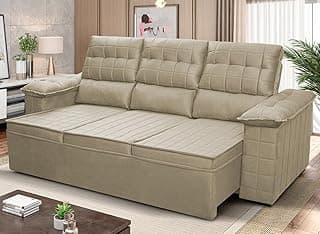 Sofá retrátil reclinável 4 lugares bege com molas 2.30m Quantum Suede Velut King House