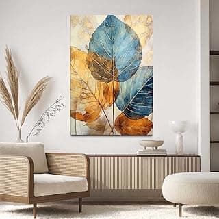 Quadro decorativo com folhas azuis e douradas para sala de estar
