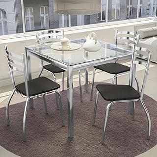 Kit mesa quadrada 4 cadeiras 90x90cm sala jantar cozinha vidro metal cromado preto