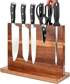 Suporte magnético para facas em madeira de acácia com facas e tesoura de cozinha