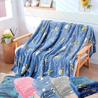 Cobertor Infantil Mágico que Brilha no Escuro, Manta Solteiro com Estampa, Flanela Macia (Azul Astronauta)