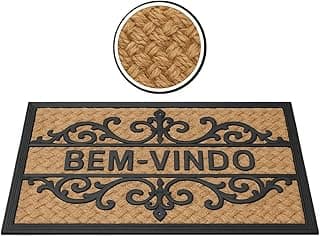 Tapete de entrada retangular bem-vindo com textura trançada de fibra natural e bordas pretas