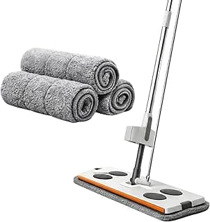 Esfregão grande com mop de microfibra cinza, branco e laranja, fundo branco