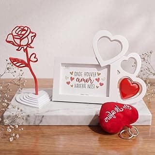 Porta-Retrato Decorativo Com Corações Presente Para Dia Dos Namorados Kit com Rosa 3D e Chaveiro Coração (Kit 3 itens)