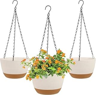 Trio de vasos suspensos brancos naturais com flores laranja em correntes metálicas