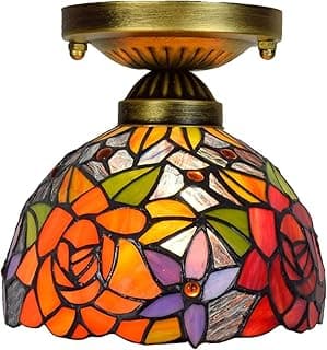 Luminária de teto Tiffany 8 polegadas em vitral, modelo Lanterna Rosa Vermelha