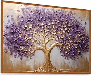 Quadro decorativo árvore da vida lilás e dourado 63x43 cm