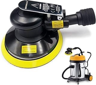 Lixadeira orbital aleatória de ar profissional MOMODA com disco de polimento amarelo e aspirador de pó portátil.