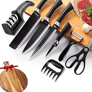 Kit de facas de cozinha com 9 peças em aço inoxidável TECHSELLER, incluindo facas de chef, amolador, garra de carne e tábua.