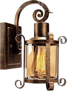 Arandela de parede vintage com vidro âmbar e lâmpada iluminada, bronze escovado, iluminação de varanda à prova d'água