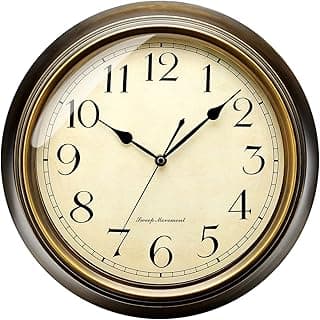 Relógio de parede retrô grande com números arábicos, fundo bege, borda dourada, operado por bateria, sem tique-taque