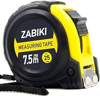 Fita métrica Zabiki de 25 pés com marcações em métrica e polegadas, cor preto e amarelo, com ponta magnética e capa protetora de borracha.