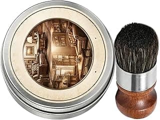 Lata metálica cinza com escova de barba preta, imagem interna de sala vintage