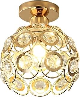 Luminária de teto moderna com cúpula circular de cristais dourados, ideal para sala, quarto, cozinha, corredor e banheiro.