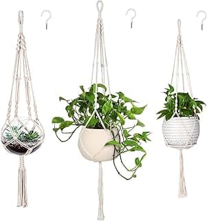 MIPON Pacote com 3 cabides para plantas de macramê para pendurar em ambientes internos com 3 ganchos, tamanho de 117 cm/104 cm/86 cm para decoração de casa boho, marfim (vasos não incluídos)