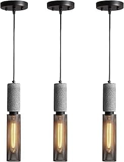 Luminária pendente linear de concreto com sombra de malha de metal, pacote com 3