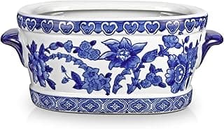 Vaso de cerâmica azul e branco com padrão floral vintage, alças azuis, fundo branco