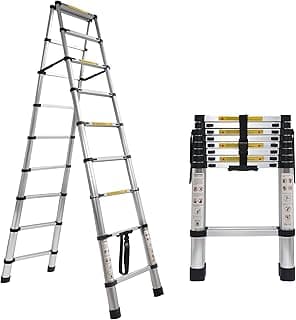 Escada telescópica com estrutura A, escada de 9 + 9 degraus, capacidade de carga de 136 kg, escada de extensão dobrável telescópica portátil, resistente, dobrável