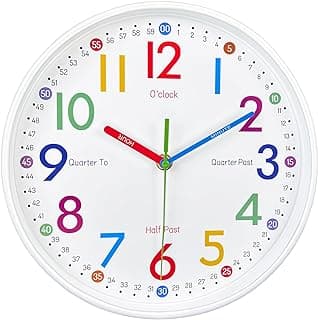AIRUIFU Relógio de parede para crianças aprendendo a ensinar tempo, relógios de parede operados por bateria silencioso, sem tique-taque - relógio analógico colorido decorativo para quarto de crianças