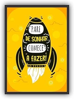 Quadro decorativo com foguete e frase motivacional em preto e amarelo
