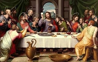 Pintura de Santa Ceia por Juan de Juanes, Jesus e apóstolos ao redor de uma mesa, tons de marrom, amarelo e vermelho