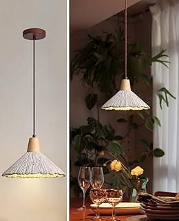 Luminária pendente de concreto estilo Wabi Sabi com abajur em forma de flor em ambiente de jantar