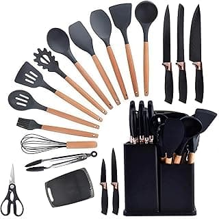 Kit Utensílios de Cozinha Silicone Cabo de Madeira Antiaderente 19 Peças Preto Doméstico