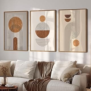 Conjunto de 3 Quadros Abstratos Geométricos com Linhas Nórdicas, Tons Terracota e Bege, 60x90 cm, com Molduras Douradas