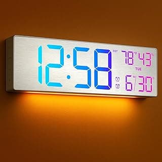 Relógio de parede digital MASHI 47 cm branco e azul com tela LED, mostrando hora, temperatura e dia da semana.