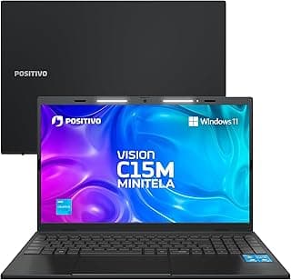 Notebook Positivo Vision C15M aberto, tela com logotipo Positivo e texto 'VISION C15M MINITELA', teclado exposto, fundo branco, design cinza com bordas pretas.