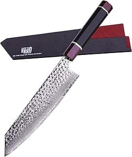 Faca Kiritsuke japonesa Eternity com lâmina de aço damasco e cabo de resina, bainha preta e vermelha