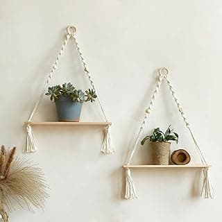 Artilady Pacote com 2 prateleiras de madeira para pendurar na parede – Prateleiras flutuantes Boho Prateleira para plantas de macramê branco, prateleira de armazenamento ajustável, decoração de parede