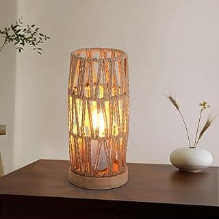 Candeeiro de mesa de corda de tecido boho com base de madeira natural feita à mão, pequena mesa de cabeceira vintage de vime de vime, luminária de mesa de cabeceira de bambu para quarto, sala